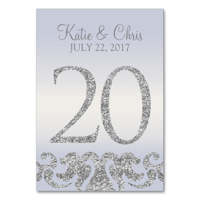 Periwinkle Silver Glitter Look Table Numbers-20 Table Number (Front)