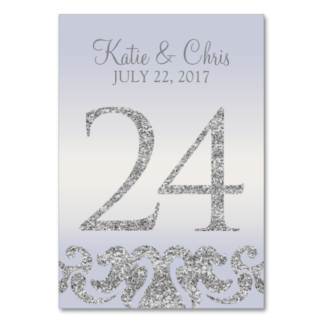 Periwinkle Silver Glitter Look Table Numbers-24 Table Number (Front)