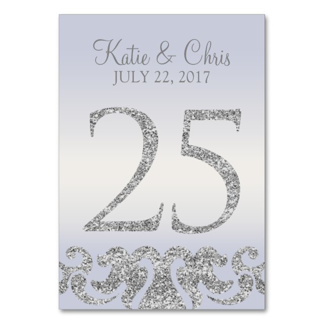 Periwinkle Silver Glitter Look Table Numbers-25 Number (Front)