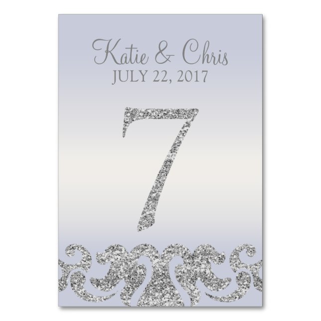 Periwinkle Silver Glitter Look Table Numbers-7 Table Number (Front)