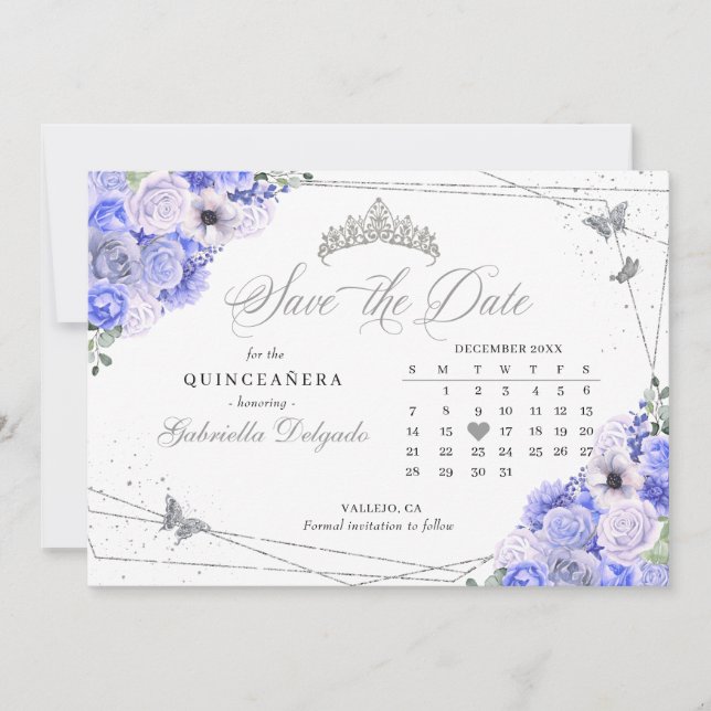Periwinkle & Silver Quinceañera Save The Date Invitation (Front)