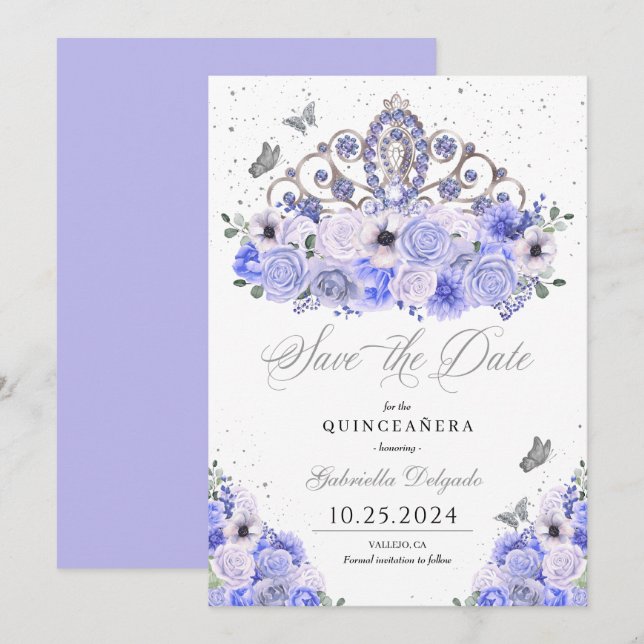 Periwinkle & Silver Save The Date Quinceañera Invitation (Front/Back)