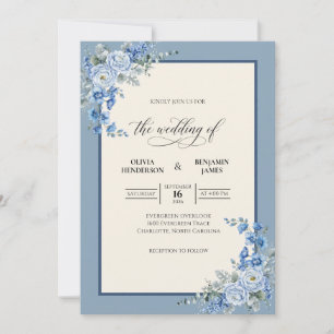 Periwinkle Steel Flower Eucalyptus Wedding Invitation