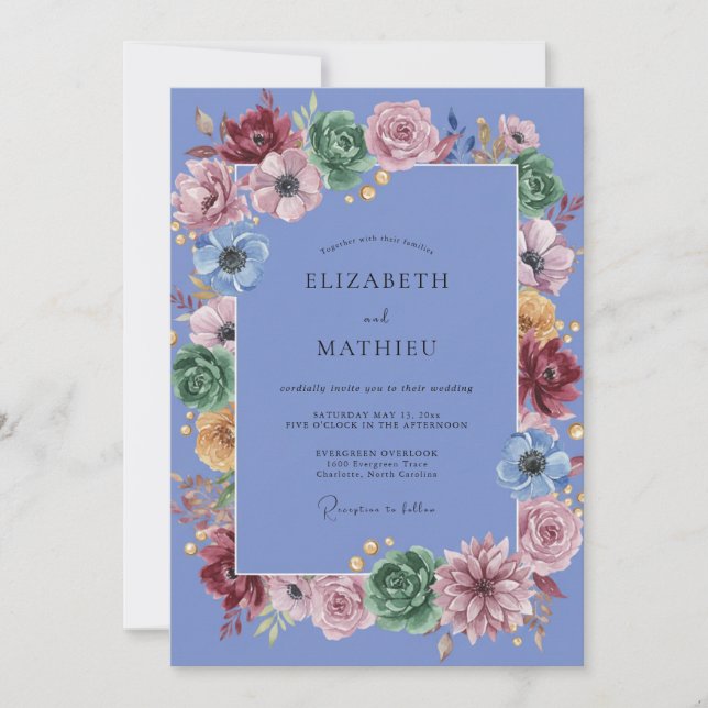 Periwinkle Succulent Eucalyptus Wedding Invitation (Front)