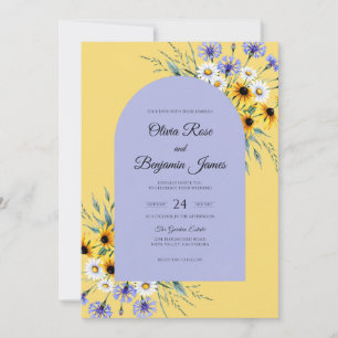 Periwinkle Sunflower Gold Eucalyptus Wedding Invitation