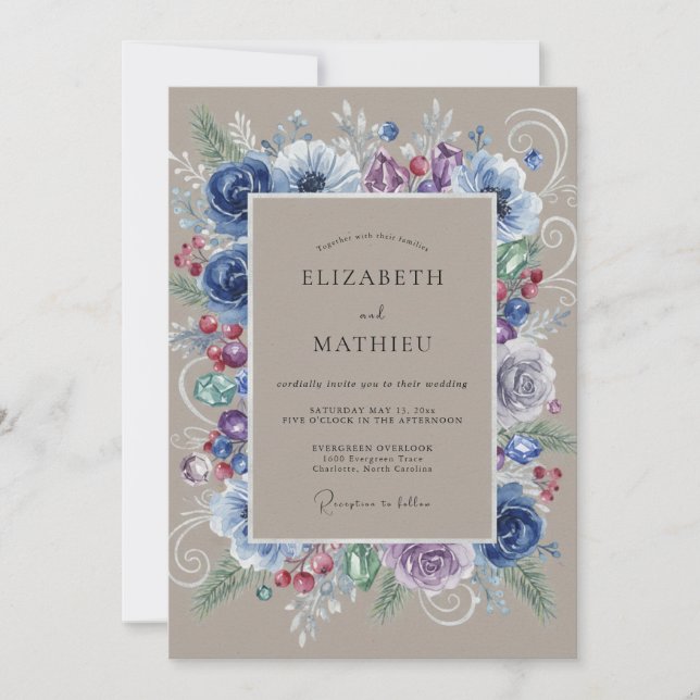 Periwinkle Taupe Peony Wedding Invitation (Front)