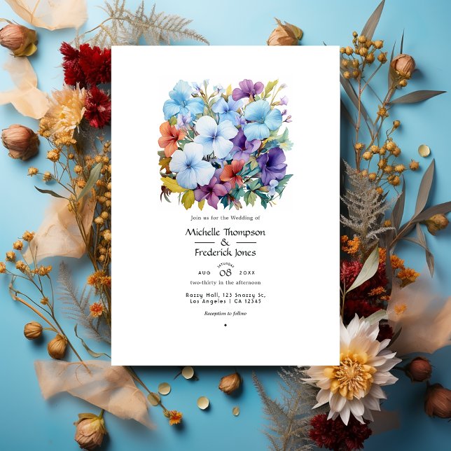 Periwinkle, Turquoise and Reddish Brown Wedding Invitation (Creator Uploaded)