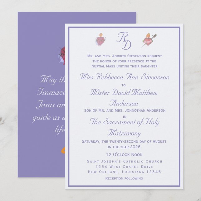 Periwinkle Two Hearts Catholic Wedding Invitation (Devant / Derrière)