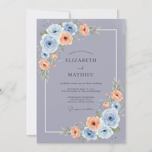 Periwinkle Warm Peach Peony Wedding Invitation (Front)