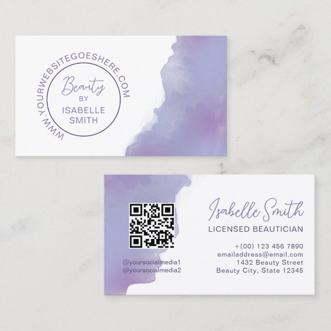 Periwinkle Watercolor Elegant Circle QR Code Business Card (Front/Back)