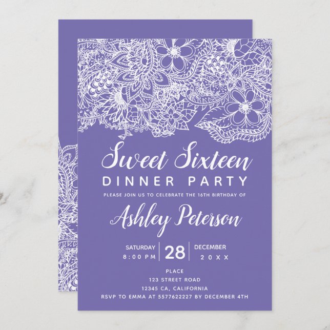 Periwinkle white floral typography Sweet 16 Invitation (Front/Back)