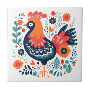 Perky Rooster Scandinavian Folk Art Tile