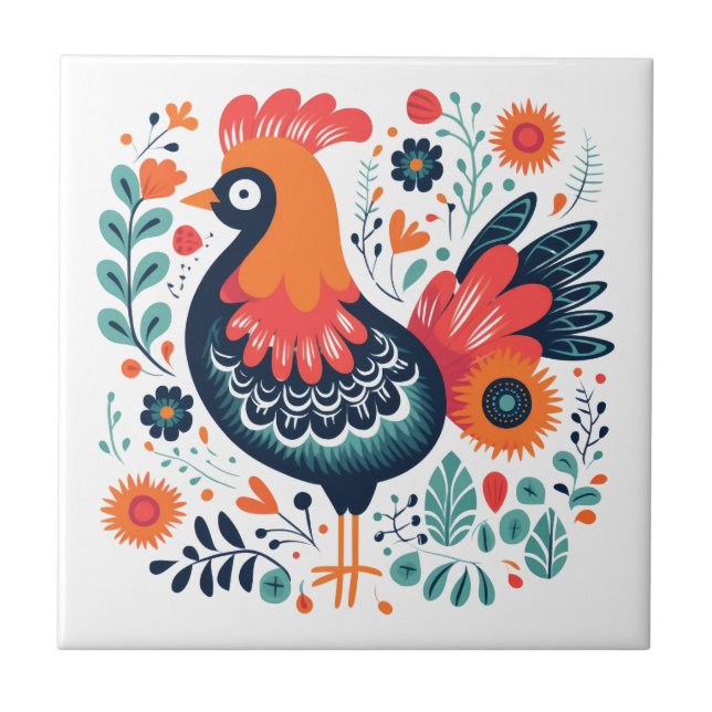 Perky Rooster Scandinavian Folk Art Tile (Front)