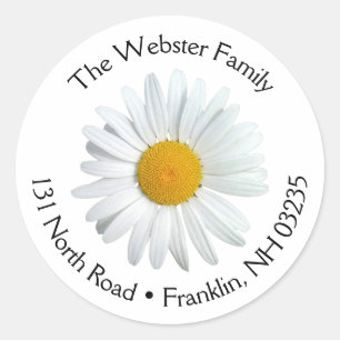 Perky White Daisy Flower Round Address Label