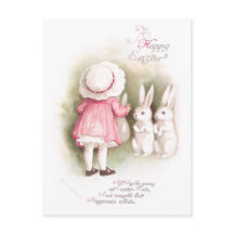 Perky White Easter Bunnies and Girl in Pink Dress