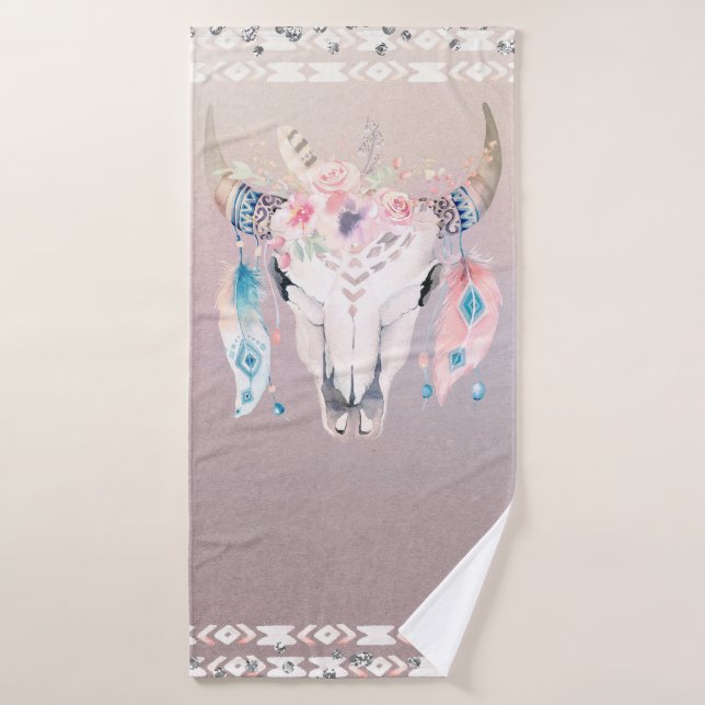 Perle Iridescente Boho Chic Crâne Glam Floral Horn (Serviette de bain)