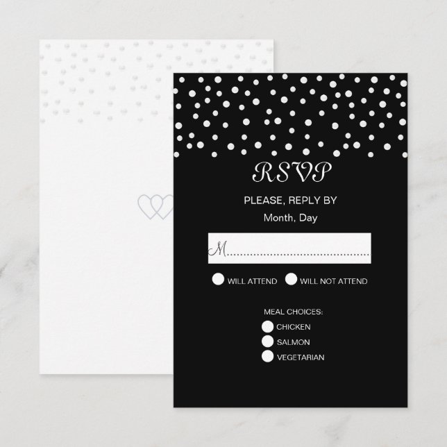 Perles chic sur carte RSVP de mariage noir et blan (Devant / Derrière)