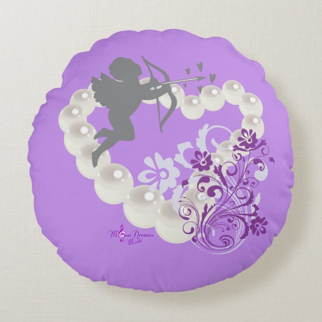 Perles Cupides Coeur Floral Purple 2 Coussin rond (Devant)