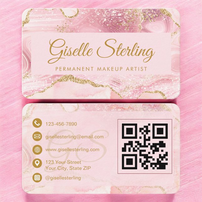 Permanent Makeup Artist Pink Gold Agate QR Code Business Card (Creator Uploaded)