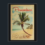 Pernambuco Palm Tree Vintage Travel Postcard<br><div class="desc">A uniquely retro mid-century modern Pernambuco Brazil art print in vintage travel poster style. It features a curved palm tree on sandy beach with ocean under a blue cloudy sky.</div>