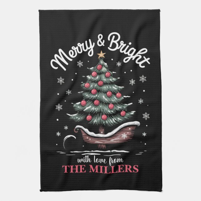 Peronalized Christmas Sleigh Tree Merry & Bright  Kitchen Towel (Vertical)