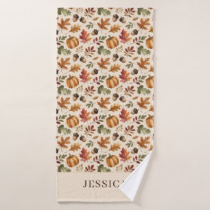Peronalized Fall Earthy Orange Watercolor Leaves Bath Towel Set