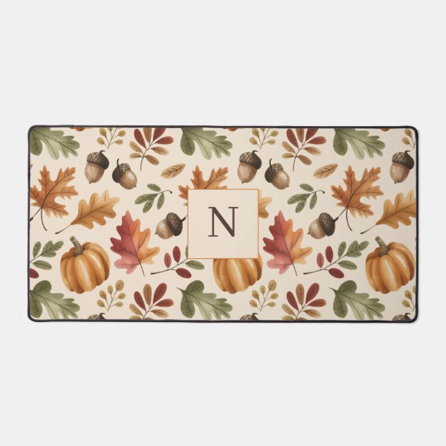 Peronalized Fall Earthy Orange Watercolor Leaves Desk Mat (Front)