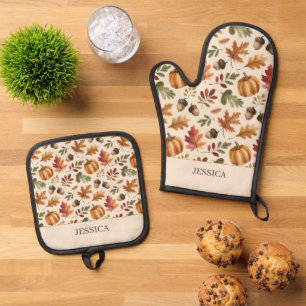 Peronalized Fall Earthy Orange Watercolor Leaves Oven Mitt & Pot Holder Set
