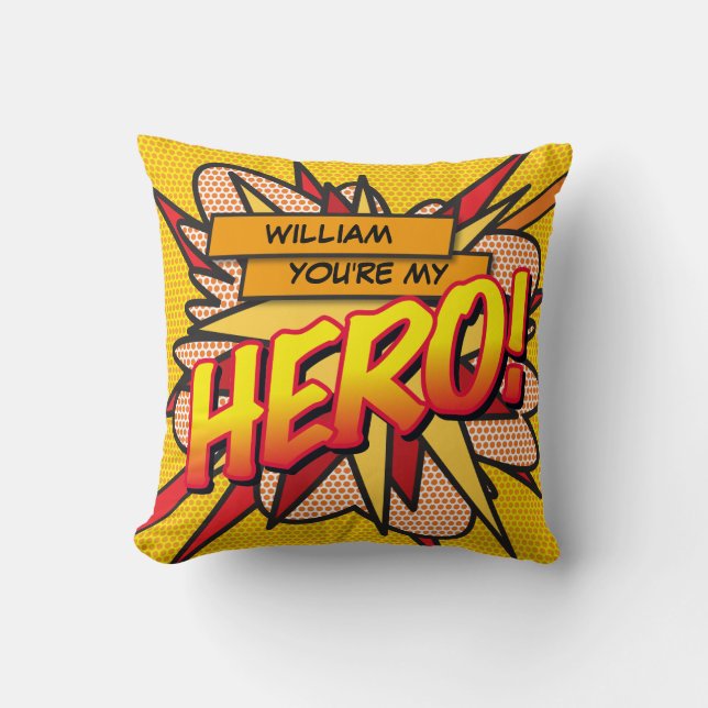 Peronalized HERO Fun Modern Cool Trendy Comic Book Throw Pillow (Front)