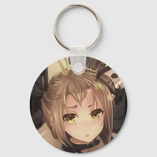 Perplexed anime girl amber eyes golden brown hair  keychain (Front)