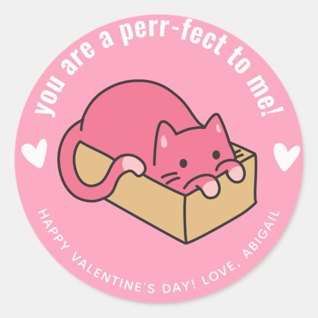 Perr-fect to me! Cute Cat Classroom Valentine  Classic Round Sticker (Front)