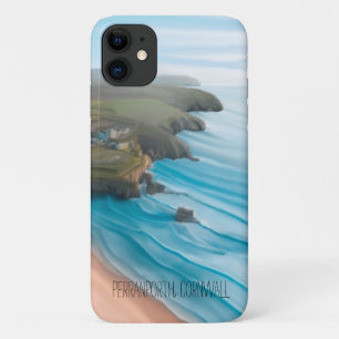 Perranporth cornwall breaking waves and cliffs iPhone 11 case