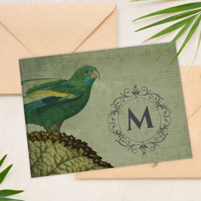 Perroquet monographique personnalisé (Vintage Monogrammed Parrot Note Card)