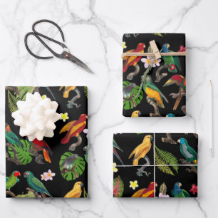 Perroquets tropicaux colorés, Feuilles et fleurs