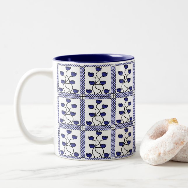 Persian Asian Floral Blue Flowers Pattern Two-Tone Coffee Mug (With Donut)
