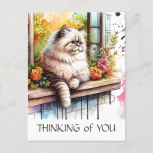 Persian Beige Cat in Window with Summer Flowers Postcard