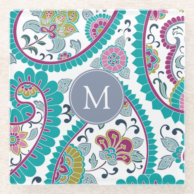 Persian Boteh Paisley Pattern Monogram Glass C Glass Coaster (Front)