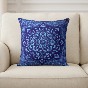 Persian Carpet–Inspired Printed blue Throw Pillow