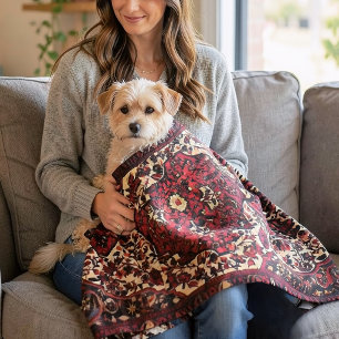 Persian carpet look in dark red and cream fleece blanket