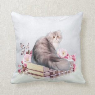 Persian cat and books throw pillow