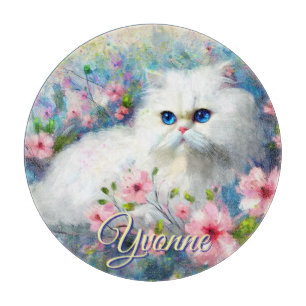 Persian Cat Blue Eyes in Pink Flowers Personalized Cutting Board