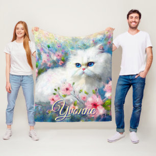 Persian Cat Blue Eyes in Pink Flowers Personalized Fleece Blanket