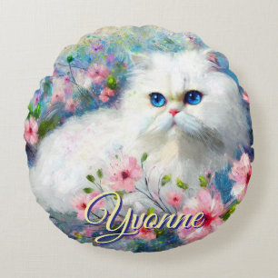 Persian Cat Blue Eyes in Pink Flowers Personalized Round Pillow