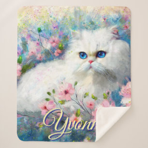 Persian Cat Blue Eyes in Pink Flowers Personalized Sherpa Blanket