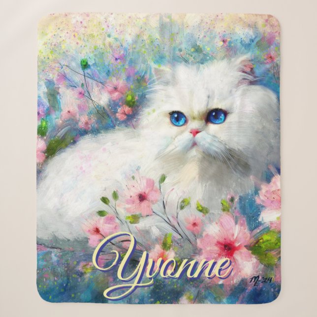 Persian Cat Blue Eyes in Pink Flowers Personalized Sherpa Blanket (Front)