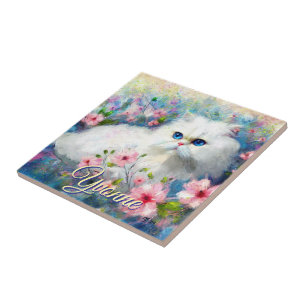Persian Cat Blue Eyes in Pink Flowers Personalized Tile