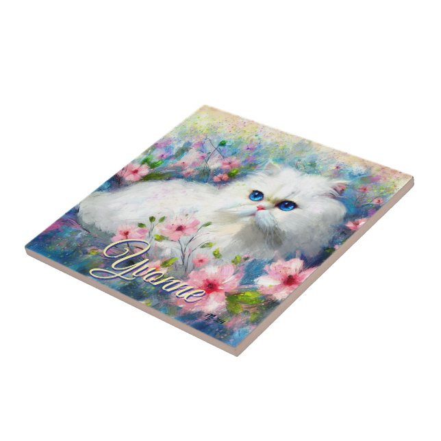 Persian Cat Blue Eyes in Pink Flowers Personalized Tile (Side)