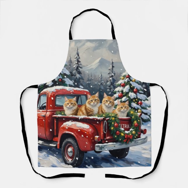 Persian Cat Christmas Red Truck Holiday Apron (Front)