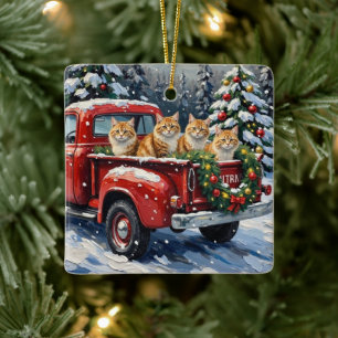 Persian Cat Christmas Red Truck Holiday Ceramic Ornament