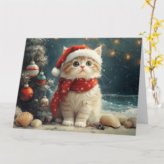 Persian Cat  Christmas Vintage Beach  Card (Yellow Flower)
